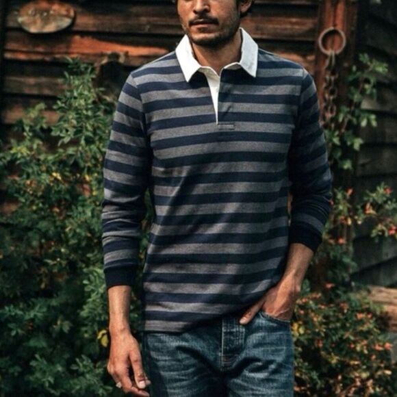 Taylor Stitch The Heavy Bag Rugby in Navy Stripe Collared Henley Shirt Size S/38 - Picture 7 of 7